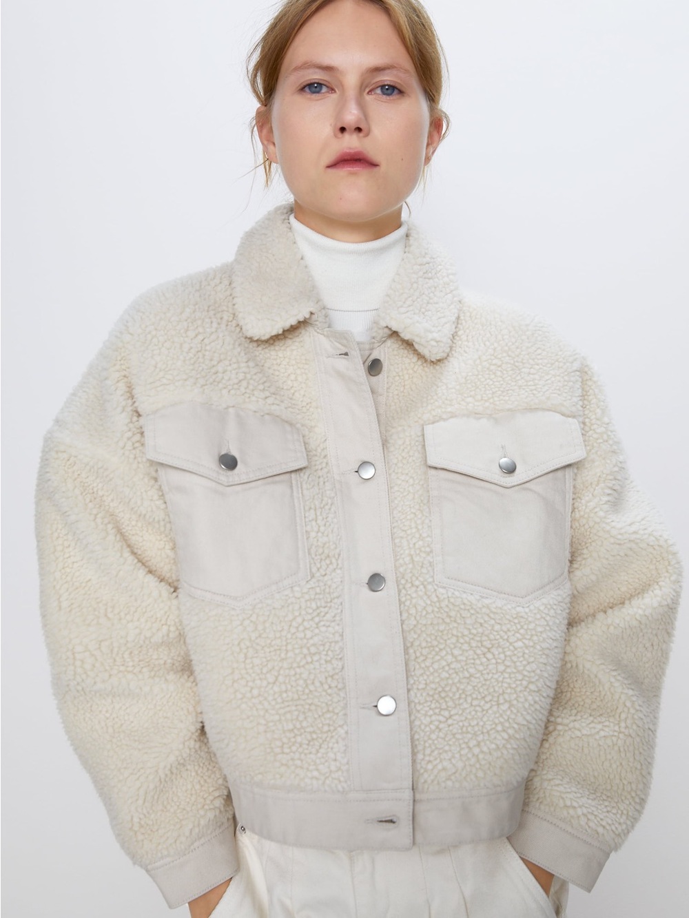Zara Cream Sherpa Teddy Trucker Jacket Size Small